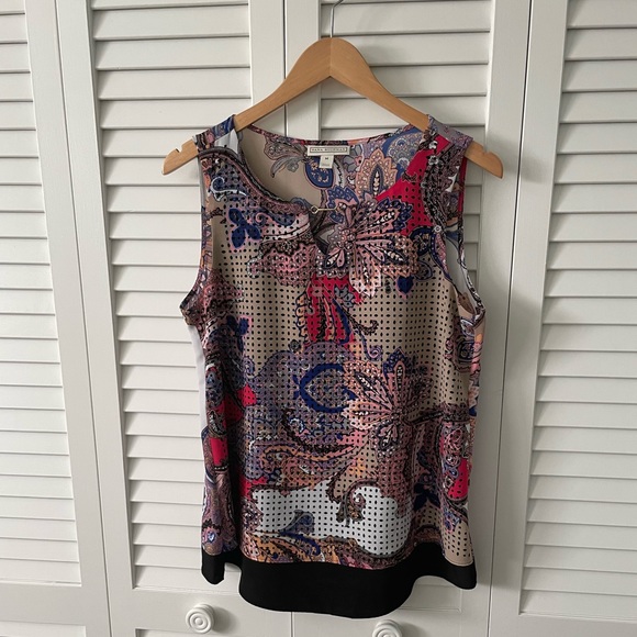 Dana Buchman multicolor paisley blouse with laser cutout overlay on the front. - Picture 1 of 12